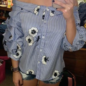 Blue & white striped, floral Charlotte Russ shirt